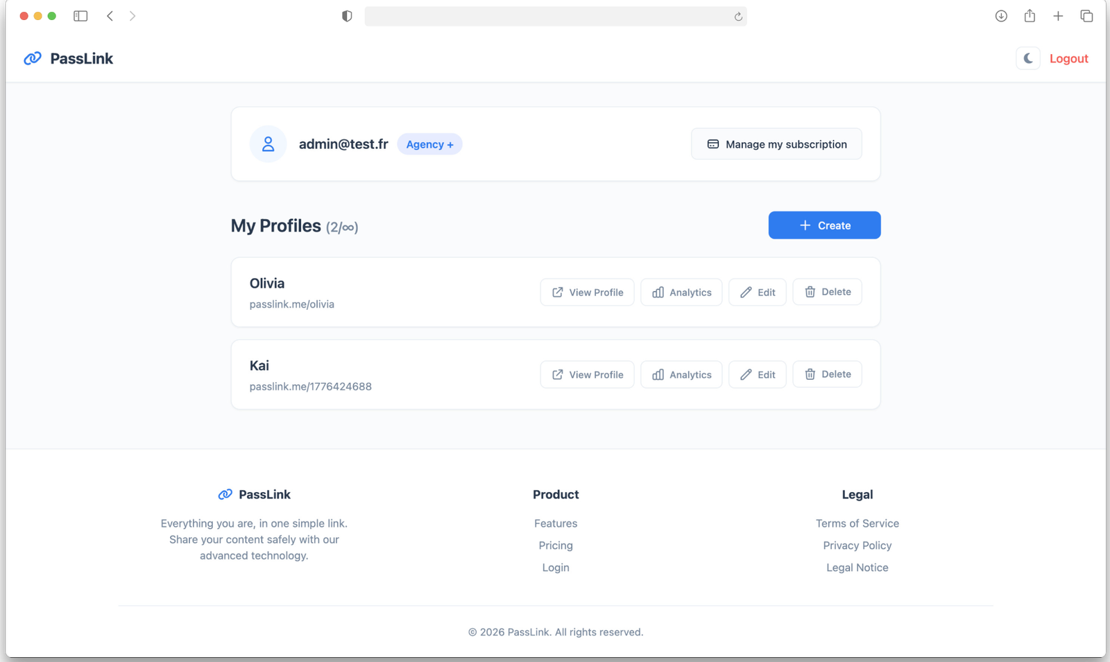 Dashboard PassLink